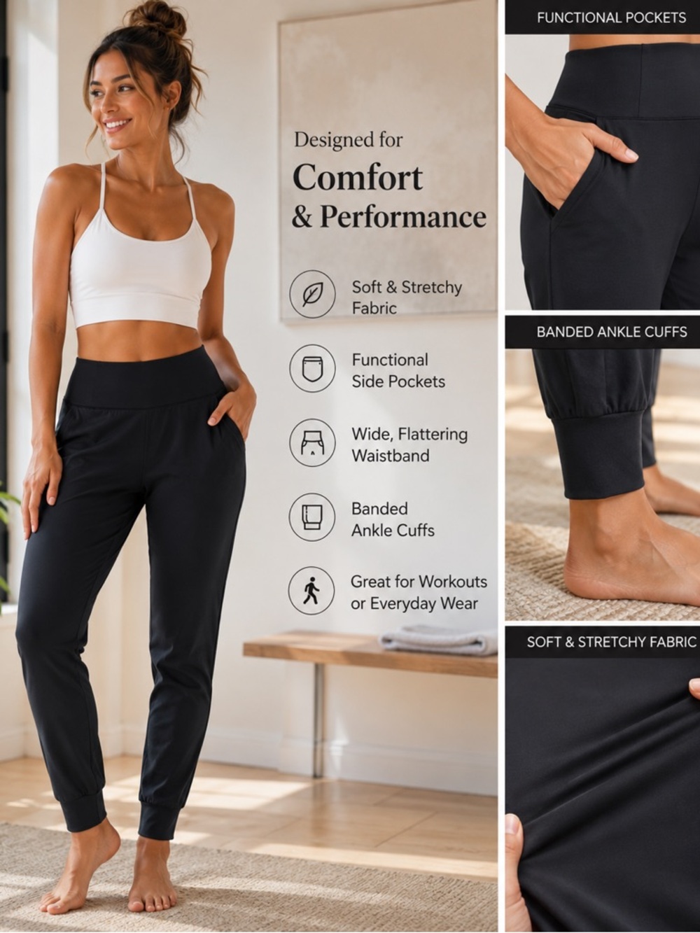 Black Jogger Leggings 2X Side Pockets Banded Ankle Cuffs Athletic Lounge Pants